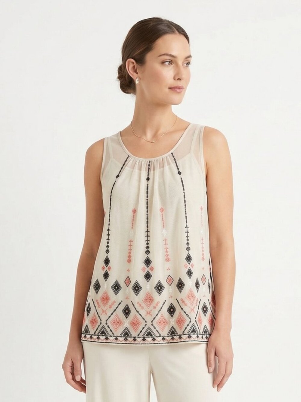 Sigrid Olsen Tank Top Mesh Embroidered Boho Festival Summer Sheer M
